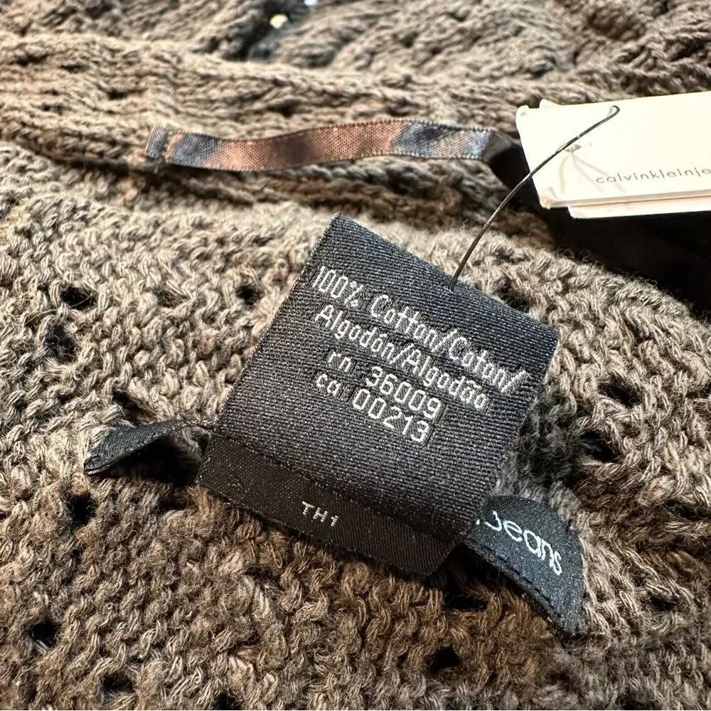 NWT Calvin Klein Crochet Sweater Olive Open Front Draped, Size L
